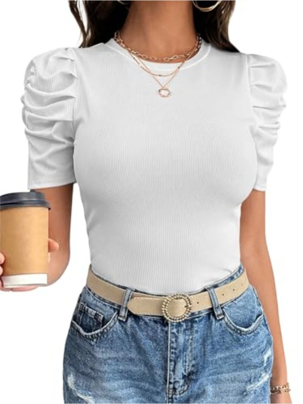 Womens Puff Short Sleeve Ribbed Knit Fitted Dressy Casual Work Top